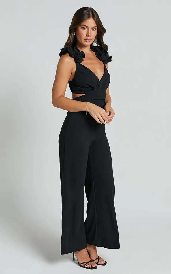 Showpo Marielly Jumpsuit 8211 Tie Back Jumpsuit With Ruffle Detail Sleeve In Black Women Jumpsuits