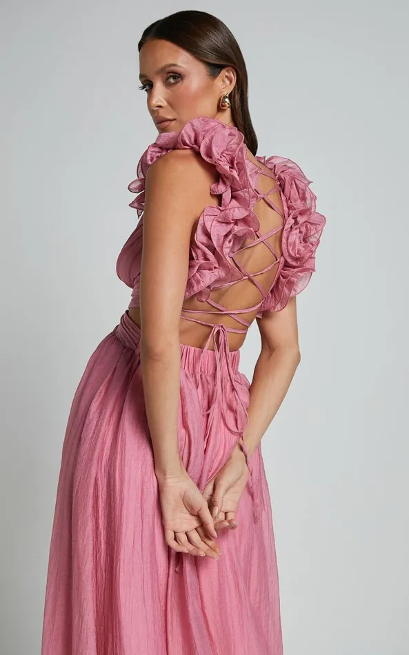 Showpo Marielly Maxi Dress 8211 Side Cut Out V Neck Ruffle Detail Sleeve Dress In Pink Women Dresses