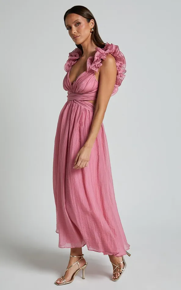 Showpo Marielly Maxi Dress 8211 Side Cut Out V Neck Ruffle Detail Sleeve Dress In Pink Women Dresses