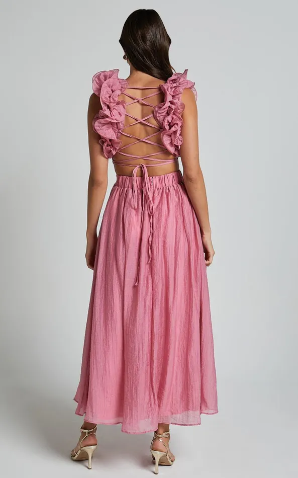 Showpo Marielly Maxi Dress 8211 Side Cut Out V Neck Ruffle Detail Sleeve Dress In Pink Women Dresses