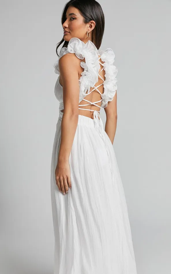 Showpo Marielly Maxi Dress 8211 Side Cut Out V Neck Ruffle Detail Sleeve Dress In White Women Curve Clothes