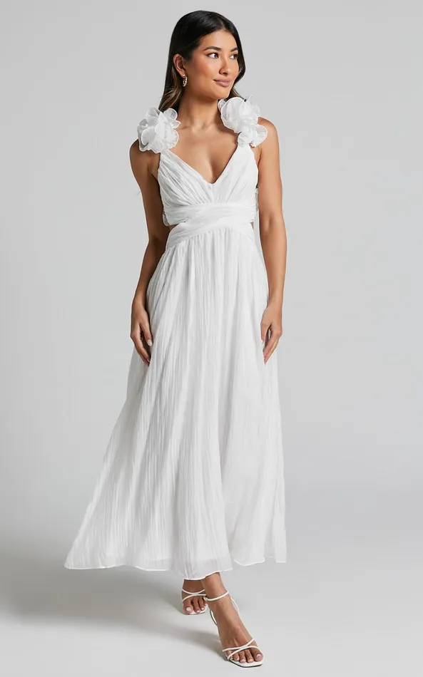 Showpo Marielly Maxi Dress 8211 Side Cut Out V Neck Ruffle Detail Sleeve Dress In White Women Curve Clothes