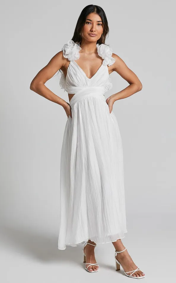 Showpo Marielly Maxi Dress 8211 Side Cut Out V Neck Ruffle Detail Sleeve Dress In White Women Curve Clothes