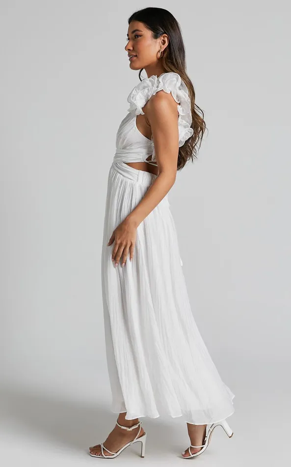 Showpo Marielly Maxi Dress 8211 Side Cut Out V Neck Ruffle Detail Sleeve Dress In White Women Curve Clothes