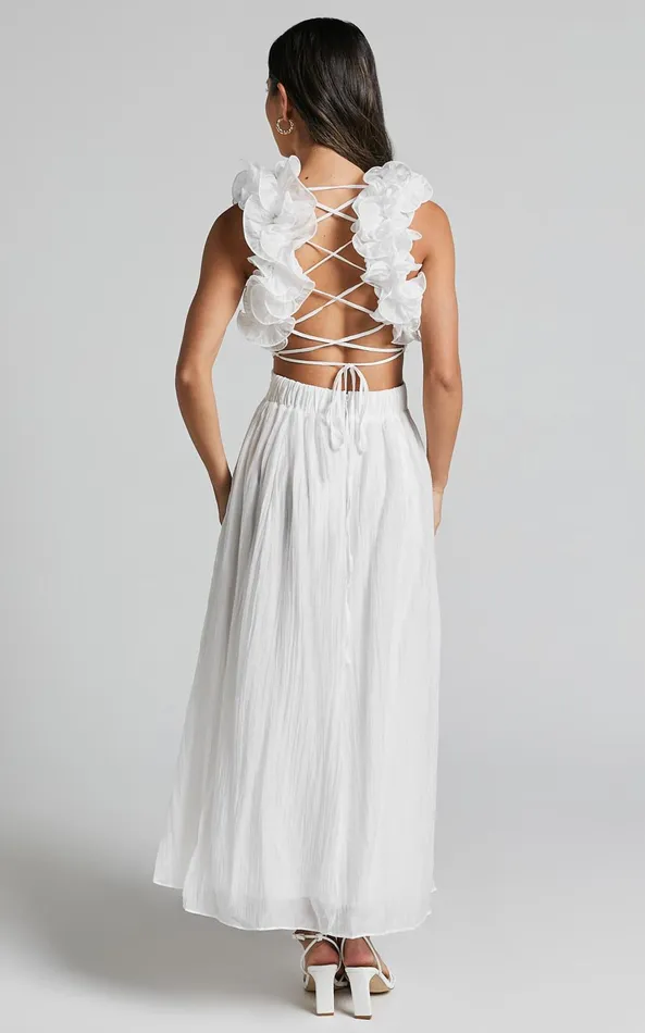 Showpo Marielly Maxi Dress 8211 Side Cut Out V Neck Ruffle Detail Sleeve Dress In White Women Curve Clothes