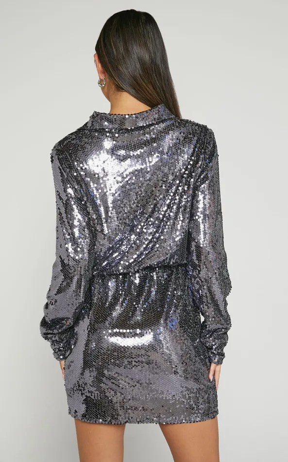 Showpo Marija Mini Dress 8211 Sequin Wrap Shirt Dress In Gunmetal Women Dresses