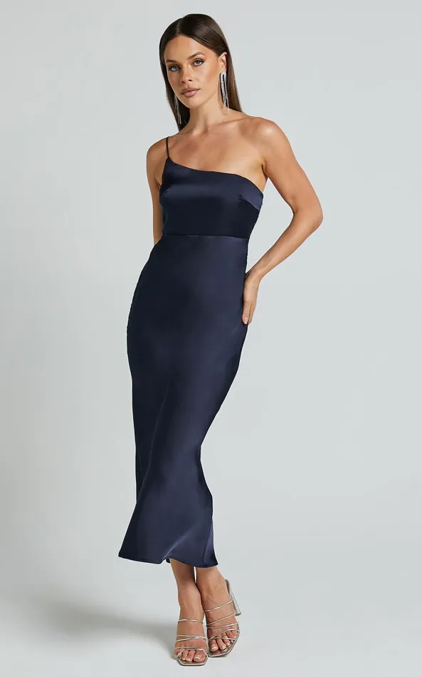 Showpo Marilyn Midi Dress 8211 One Shoulder Strap Detail Satin Bias Cut Dress In Midnight Blue Women Dresses Showpo Marilyn Midi Dress 8211 One Shoulder Strap Detail Satin Bias Cut Dress In Midnight Blue Women Dresses