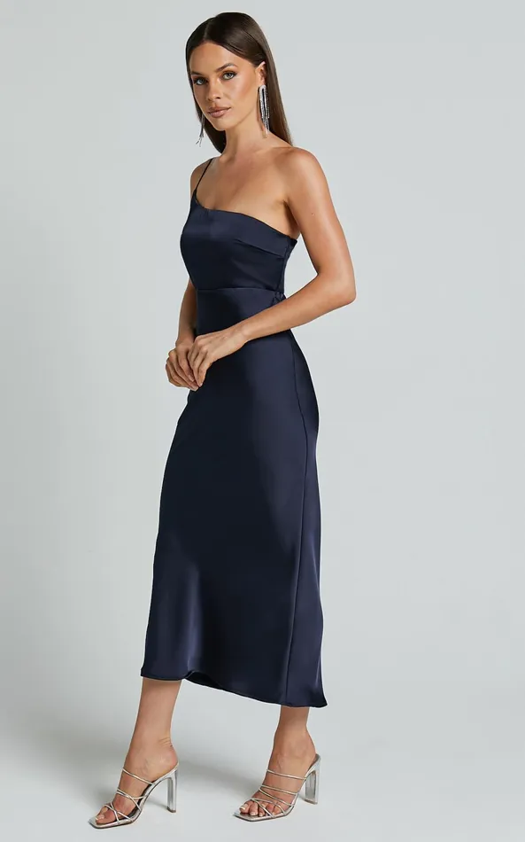 Showpo Marilyn Midi Dress 8211 One Shoulder Strap Detail Satin Bias Cut Dress In Midnight Blue Women Dresses