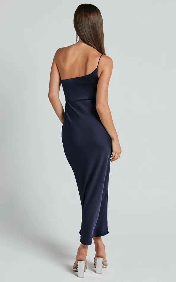 Showpo Marilyn Midi Dress 8211 One Shoulder Strap Detail Satin Bias Cut Dress In Midnight Blue Women Dresses