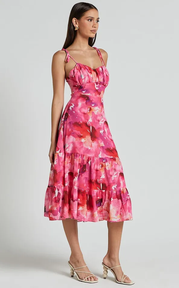 Showpo Marina Midi Dress 8211 Tie Shoulder Ruched Bust Dress In Evie Print Women Dresses