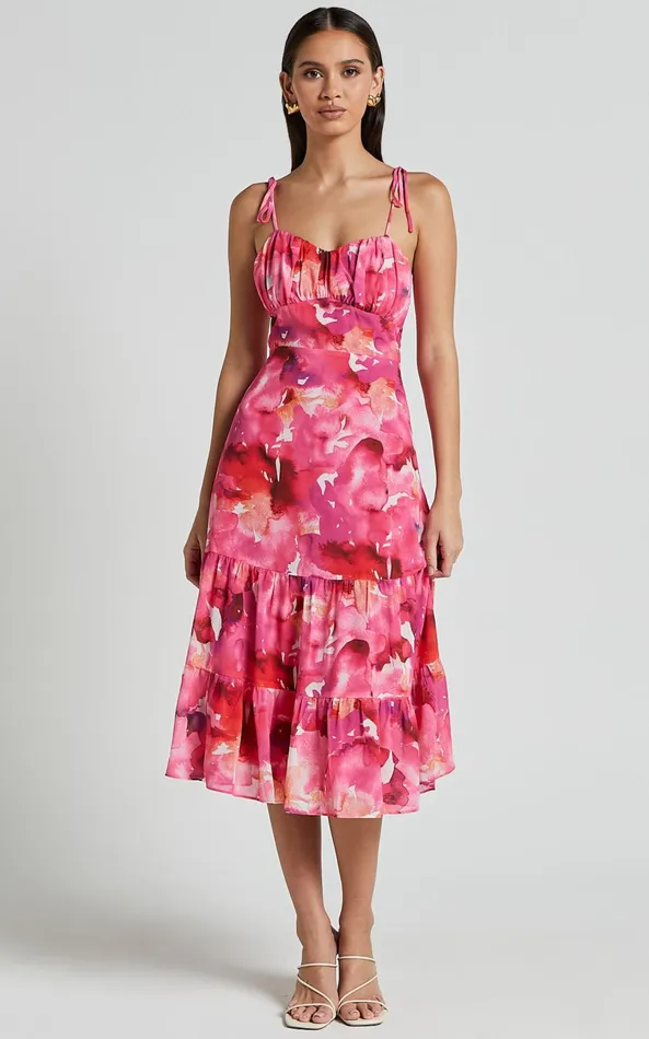 Showpo Marina Midi Dress 8211 Tie Shoulder Ruched Bust Dress In Evie Print Women Dresses