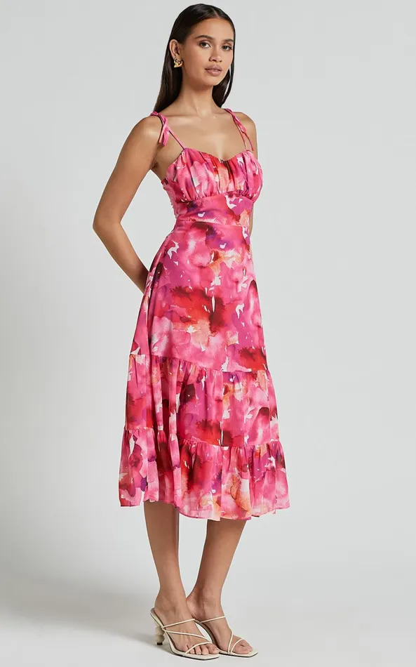 Showpo Marina Midi Dress 8211 Tie Shoulder Ruched Bust Dress In Evie Print Women Dresses