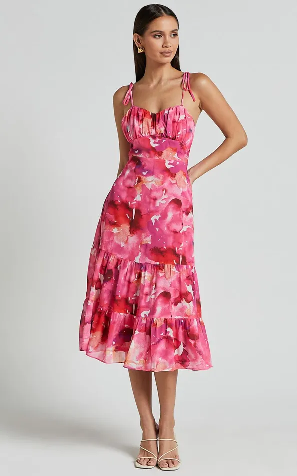 Showpo Marina Midi Dress 8211 Tie Shoulder Ruched Bust Dress In Evie Print Women Dresses