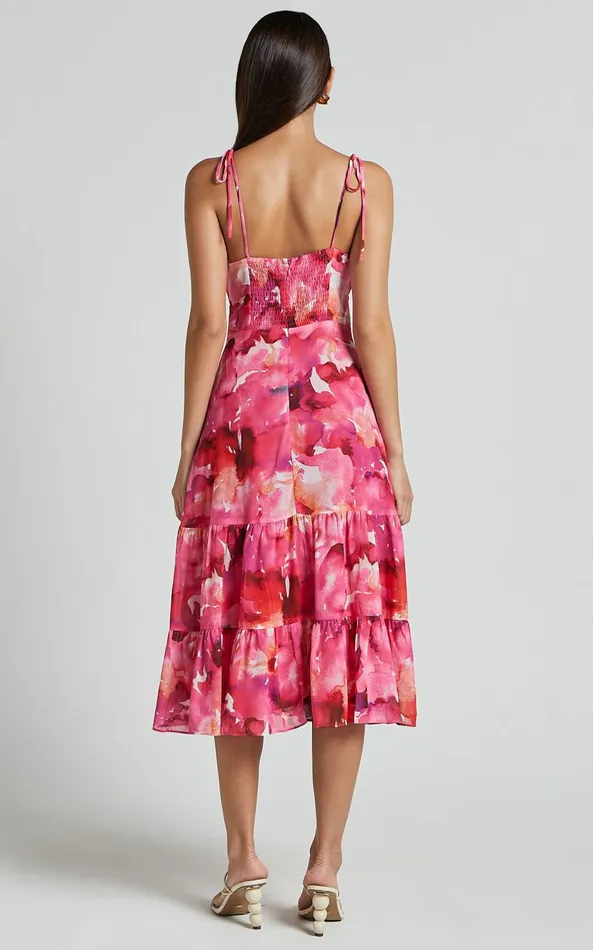 Showpo Marina Midi Dress 8211 Tie Shoulder Ruched Bust Dress In Evie Print Women Dresses