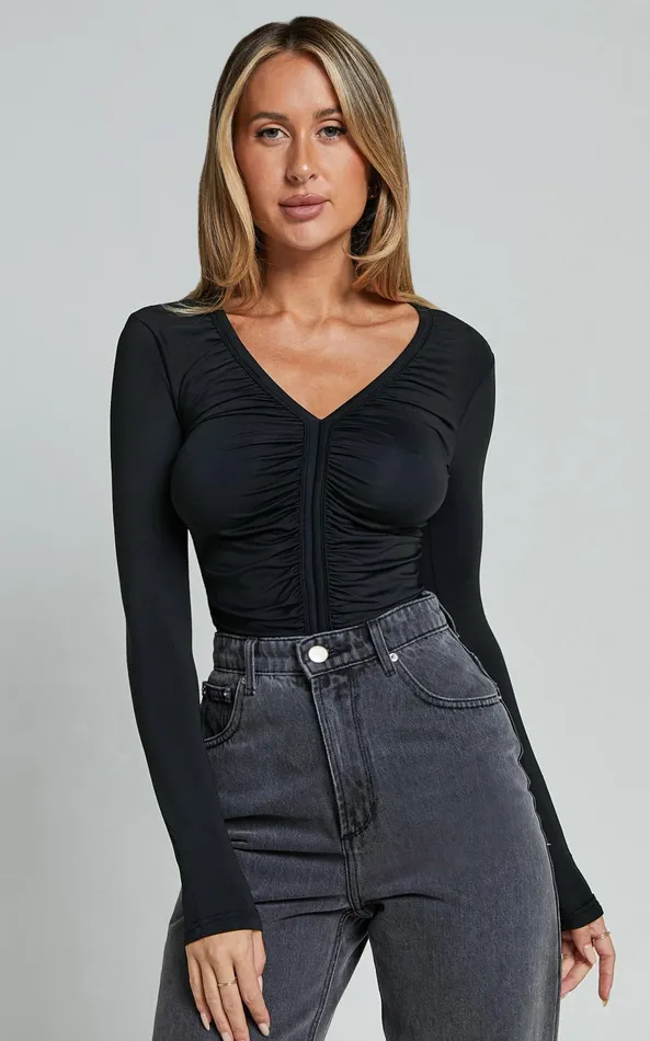 Showpo Marion Top 8211 Long Sleeve Ruched Top In Black Women Tops
