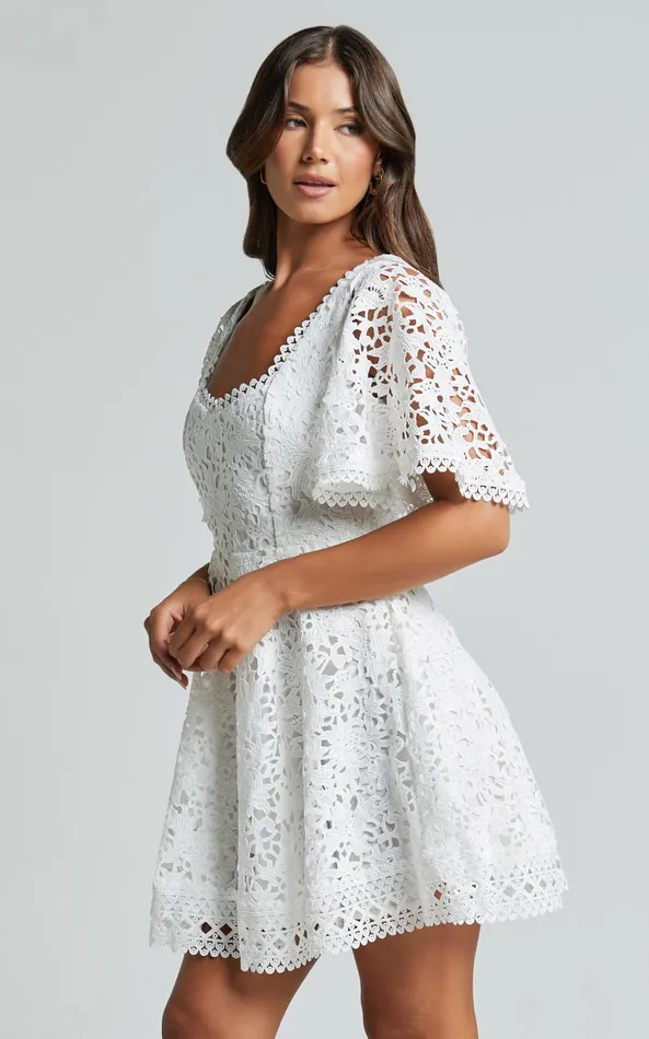 Showpo Marisole Mini Dress 8211 A Line Flutter Sleeve Lace Dress In White Women Dresses