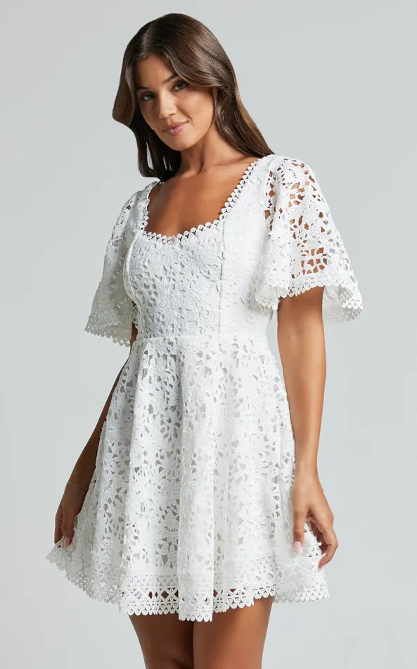 Showpo Marisole Mini Dress 8211 A Line Flutter Sleeve Lace Dress In White Women Dresses