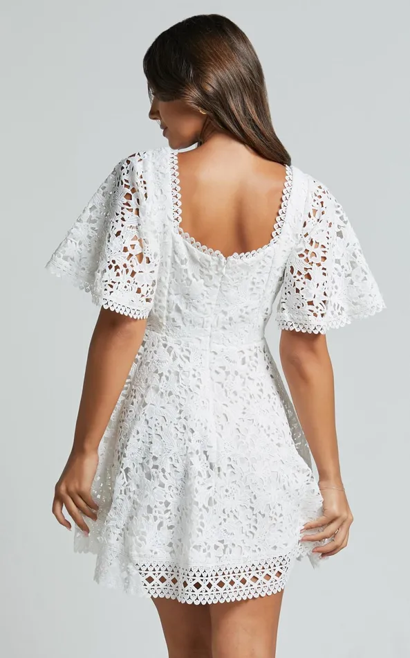 Showpo Marisole Mini Dress 8211 A Line Flutter Sleeve Lace Dress In White Women Dresses