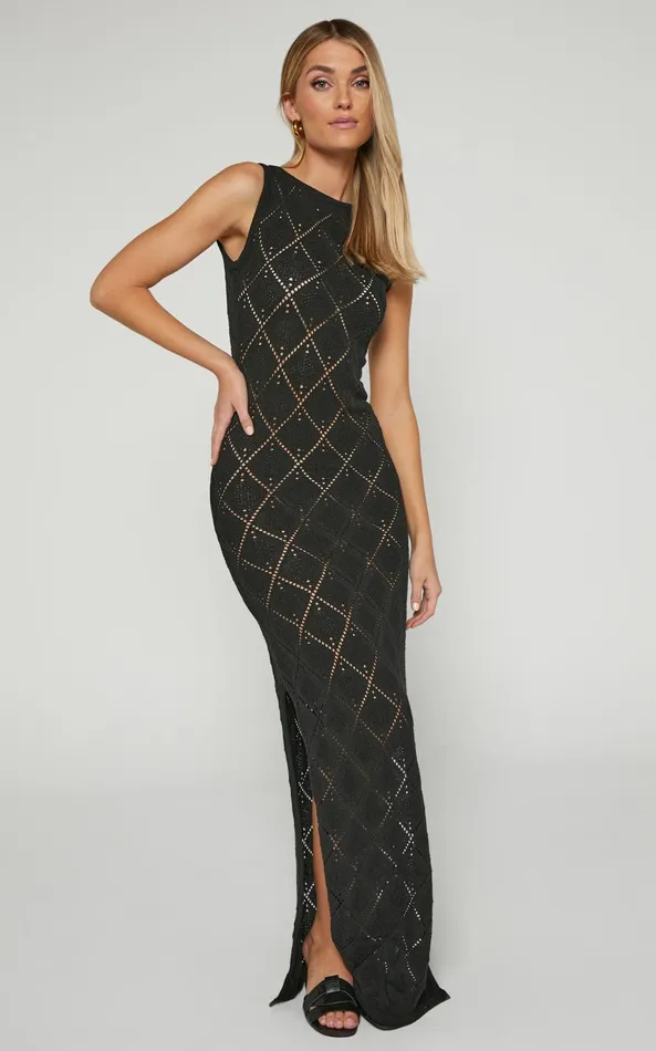 Showpo Marissa Maxi Dress 8211 Sleeveless Diamond Knitted Dress In Black Women Dresses