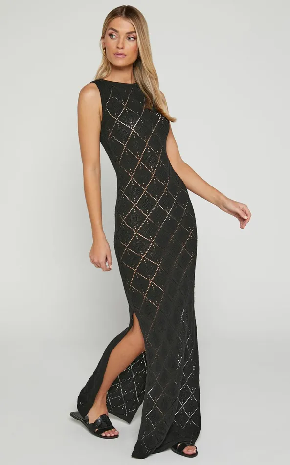 Showpo Marissa Maxi Dress 8211 Sleeveless Diamond Knitted Dress In Black Women Dresses