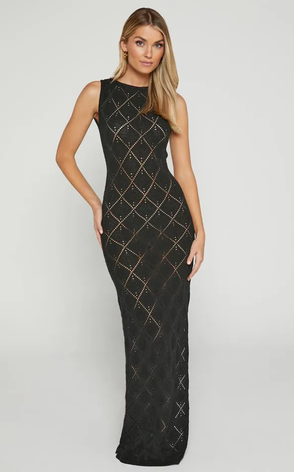 Showpo Marissa Maxi Dress 8211 Sleeveless Diamond Knitted Dress In Black Women Dresses