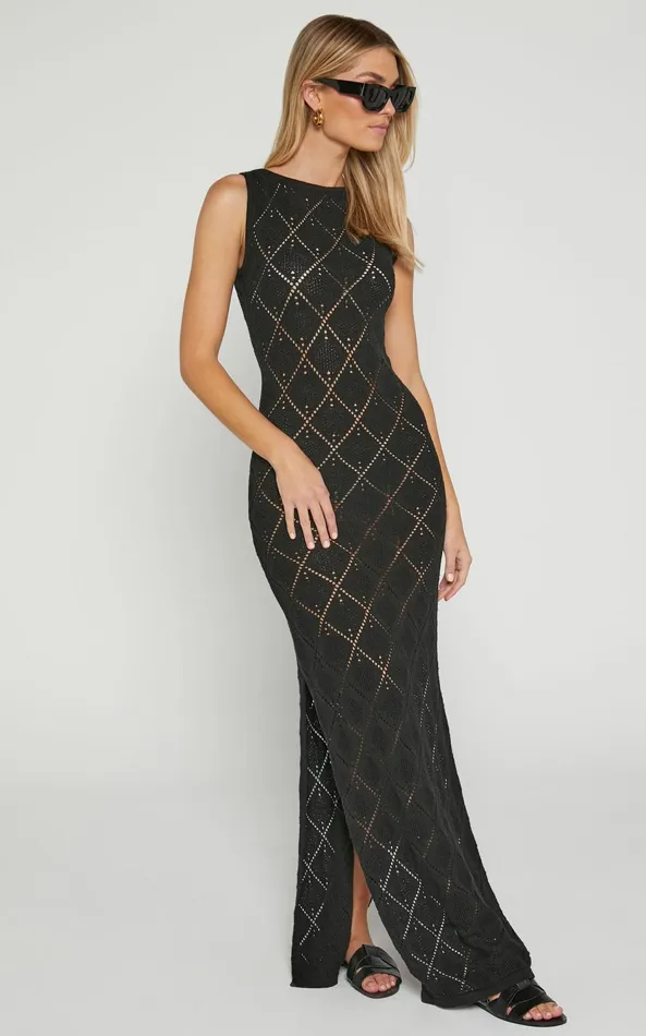 Showpo Marissa Maxi Dress 8211 Sleeveless Diamond Knitted Dress In Black Women Dresses