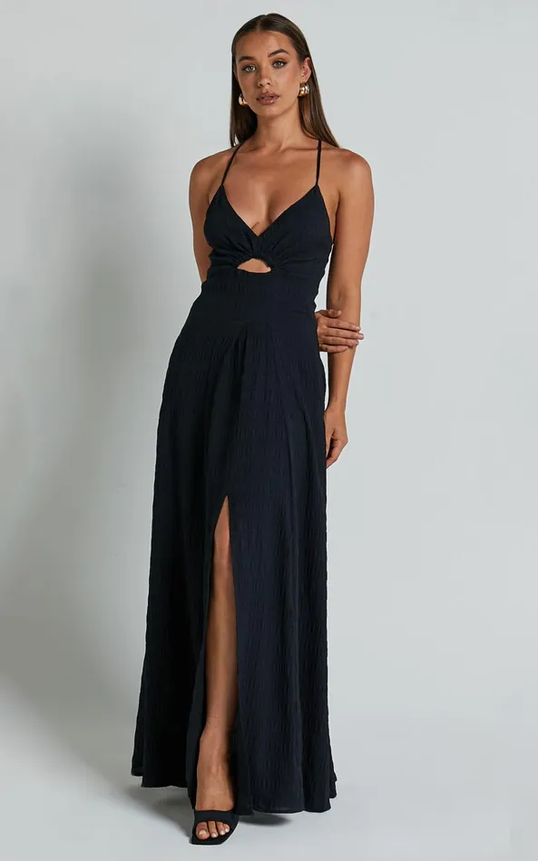 Showpo Marisse Maxi Dress 8211 Cut Out Front Split Cross Back Textured Dress In Black Women Dresses