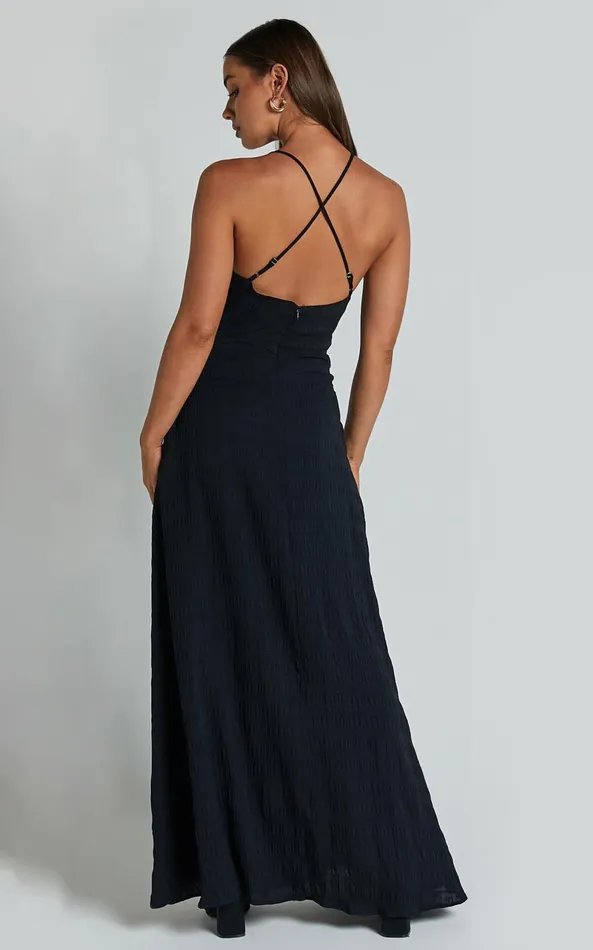 Showpo Marisse Maxi Dress 8211 Cut Out Front Split Cross Back Textured Dress In Black Women Dresses