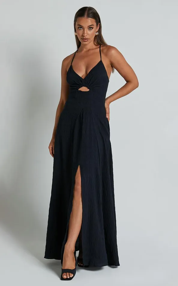 Showpo Marisse Maxi Dress 8211 Cut Out Front Split Cross Back Textured Dress In Black Women Dresses