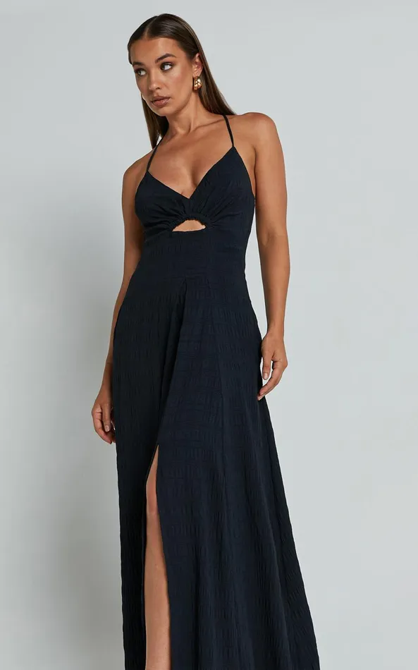 Showpo Marisse Maxi Dress 8211 Cut Out Front Split Cross Back Textured Dress In Black Women Dresses