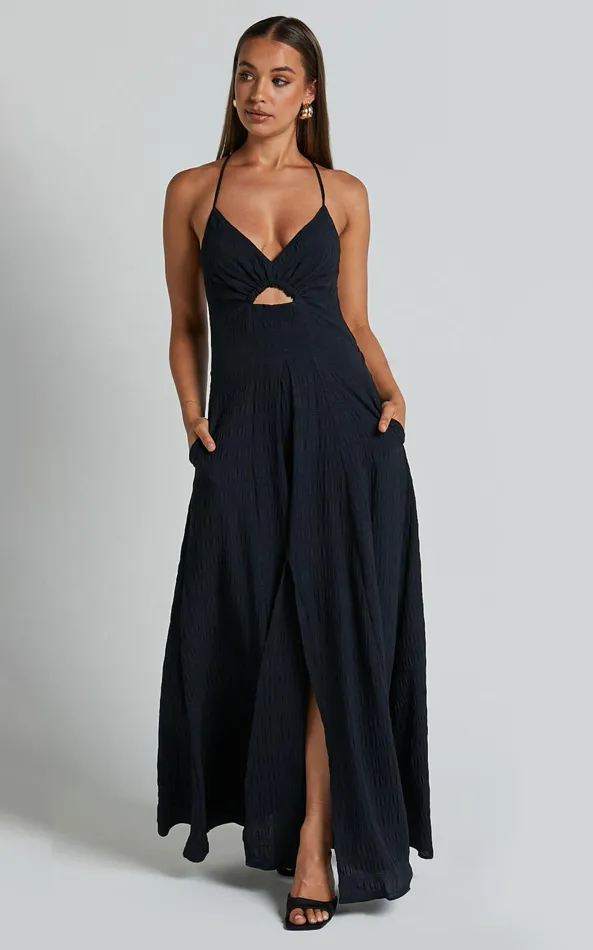 Showpo Marisse Maxi Dress 8211 Cut Out Front Split Cross Back Textured Dress In Black Women Dresses