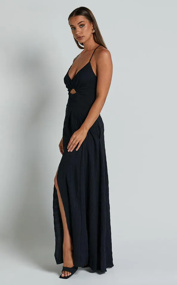 Showpo Marisse Maxi Dress 8211 Cut Out Front Split Cross Back Textured Dress In Black Women Dresses