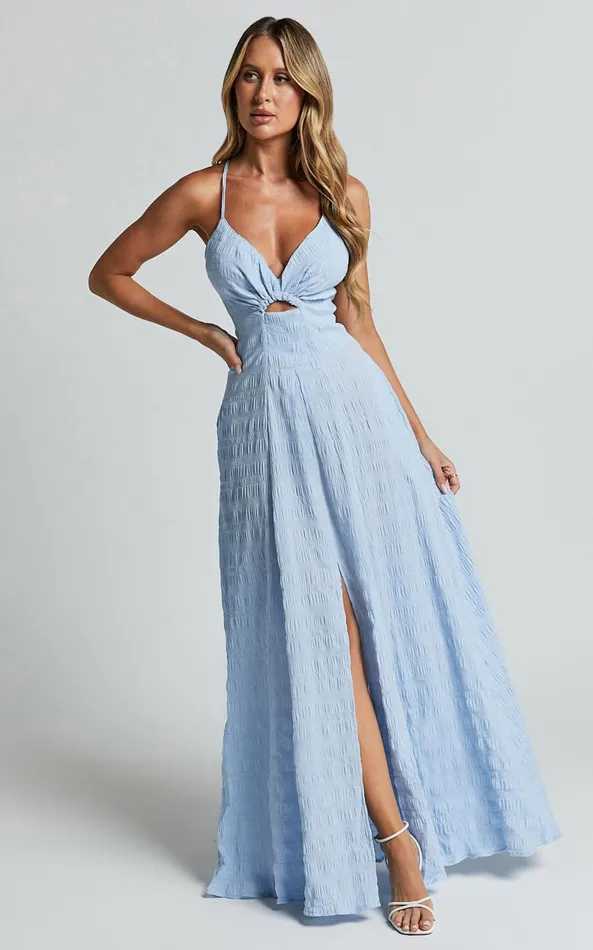 Showpo Marisse Maxi Dress 8211 Cut Out Front Split Cross Back Textured Dress In Blue Women Dresses Showpo Marisse Maxi Dress 8211 Cut Out Front Split Cross Back Textured Dress In Blue Women Dresses