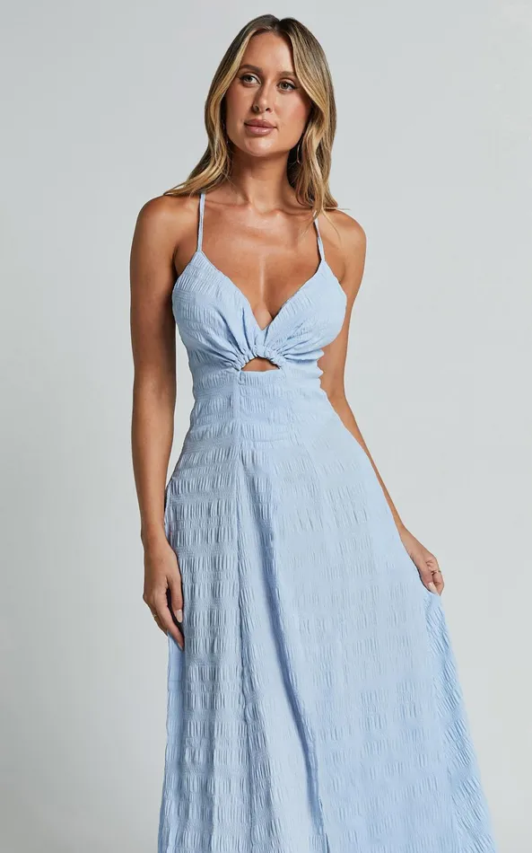 Showpo Marisse Maxi Dress 8211 Cut Out Front Split Cross Back Textured Dress In Blue Women Dresses