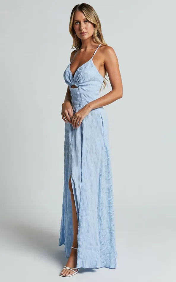 Showpo Marisse Maxi Dress 8211 Cut Out Front Split Cross Back Textured Dress In Blue Women Dresses
