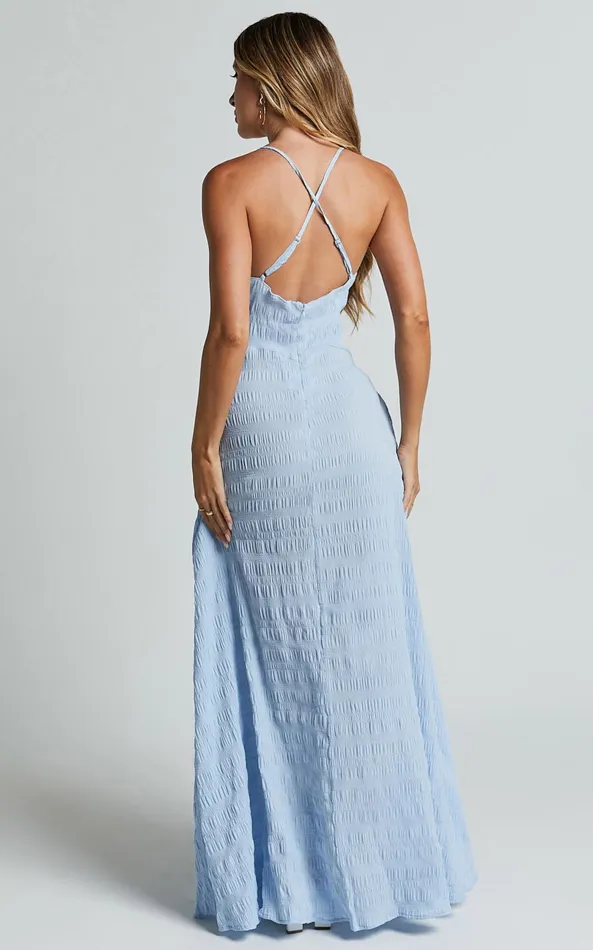 Showpo Marisse Maxi Dress 8211 Cut Out Front Split Cross Back Textured Dress In Blue Women Dresses