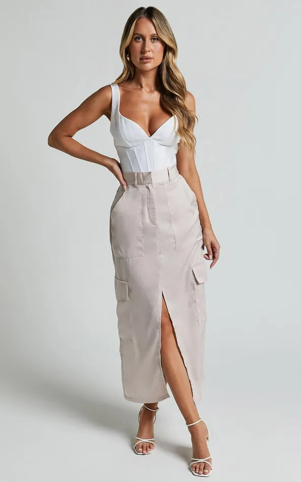 Showpo Mariya Midi Skirt 8211 High Waisted Front Split Cargo Skirt In Pearl Women Skirts Showpo Mariya Midi Skirt 8211 High Waisted Front Split Cargo Skirt In Pearl Women Skirts