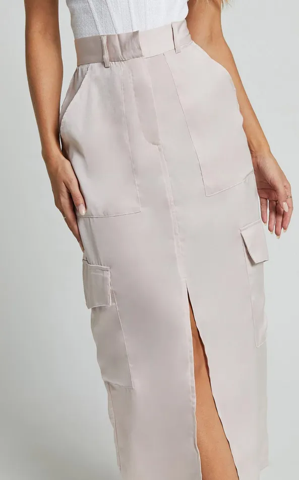 Showpo Mariya Midi Skirt 8211 High Waisted Front Split Cargo Skirt In Pearl Women Skirts