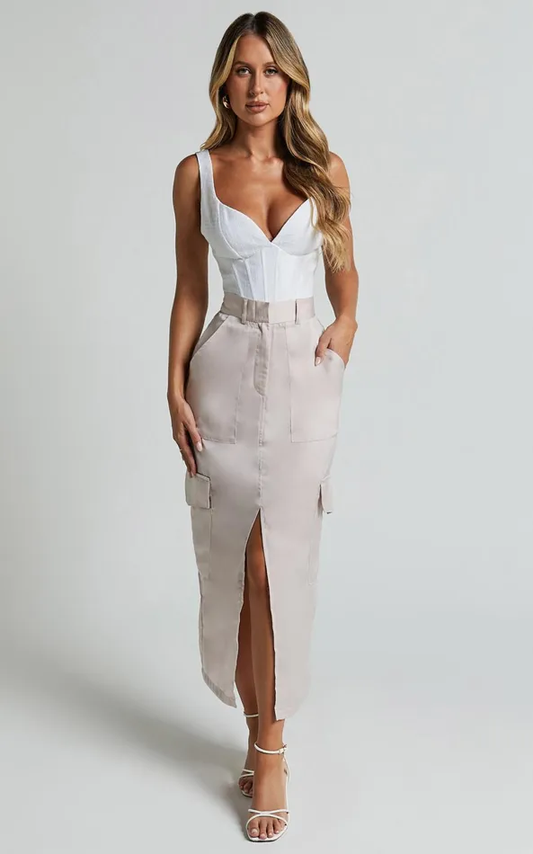 Showpo Mariya Midi Skirt 8211 High Waisted Front Split Cargo Skirt In Pearl Women Skirts