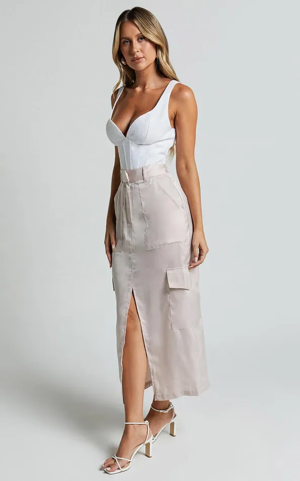 Showpo Mariya Midi Skirt 8211 High Waisted Front Split Cargo Skirt In Pearl Women Skirts