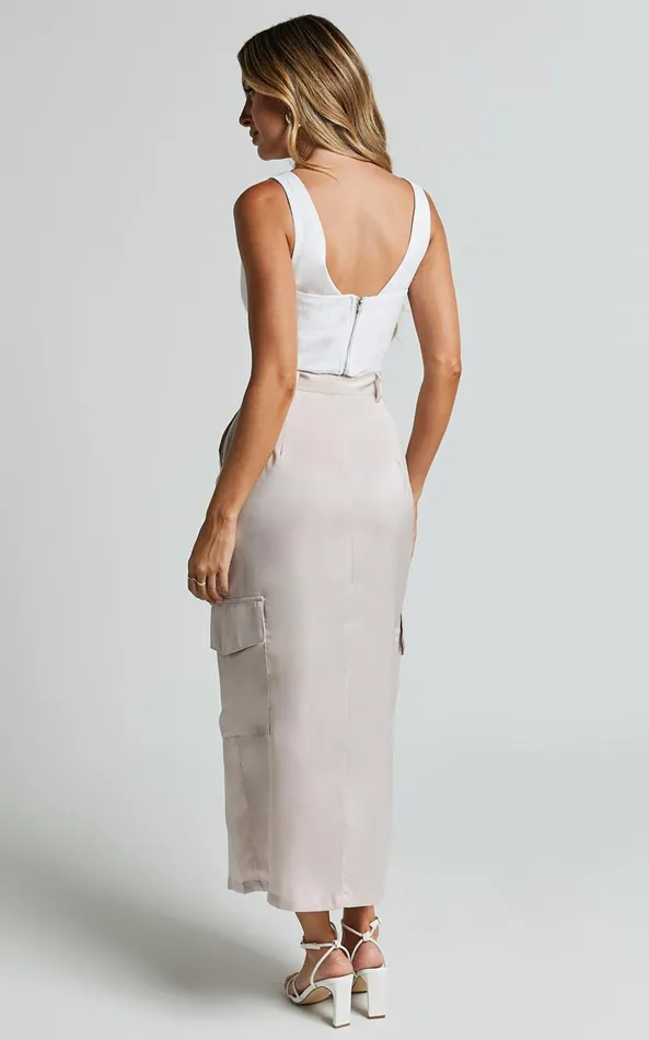 Showpo Mariya Midi Skirt 8211 High Waisted Front Split Cargo Skirt In Pearl Women Skirts