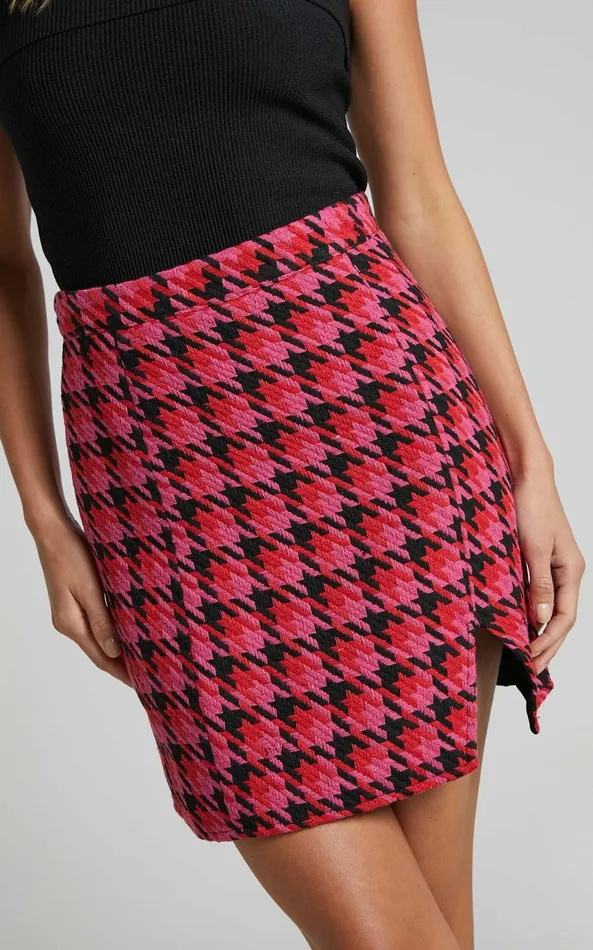 Showpo Marjoe Mini Skirt 8211 A Line High Waist Textured Skirt In Pink And Black Check Women Skirts