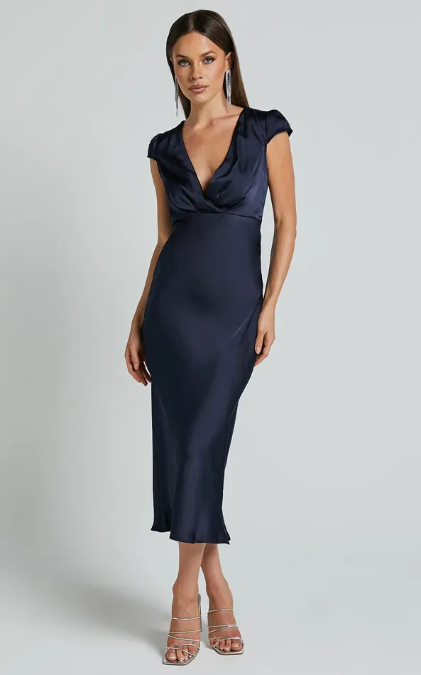 Showpo Marleen Midi Dress 8211 Wrap Front Cap Sleeve Satin Bias Cut Dress In Midnight Blue Women Dresses Showpo Marleen Midi Dress 8211 Wrap Front Cap Sleeve Satin Bias Cut Dress In Midnight Blue Women Dresses