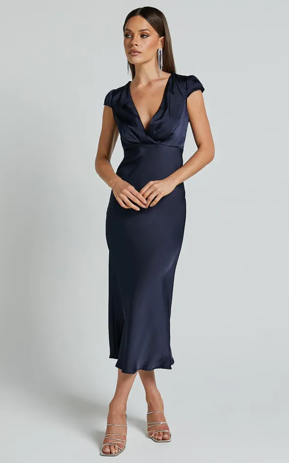 Showpo Marleen Midi Dress 8211 Wrap Front Cap Sleeve Satin Bias Cut Dress In Midnight Blue Women Dresses
