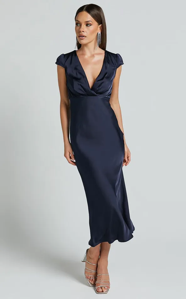 Showpo Marleen Midi Dress 8211 Wrap Front Cap Sleeve Satin Bias Cut Dress In Midnight Blue Women Dresses