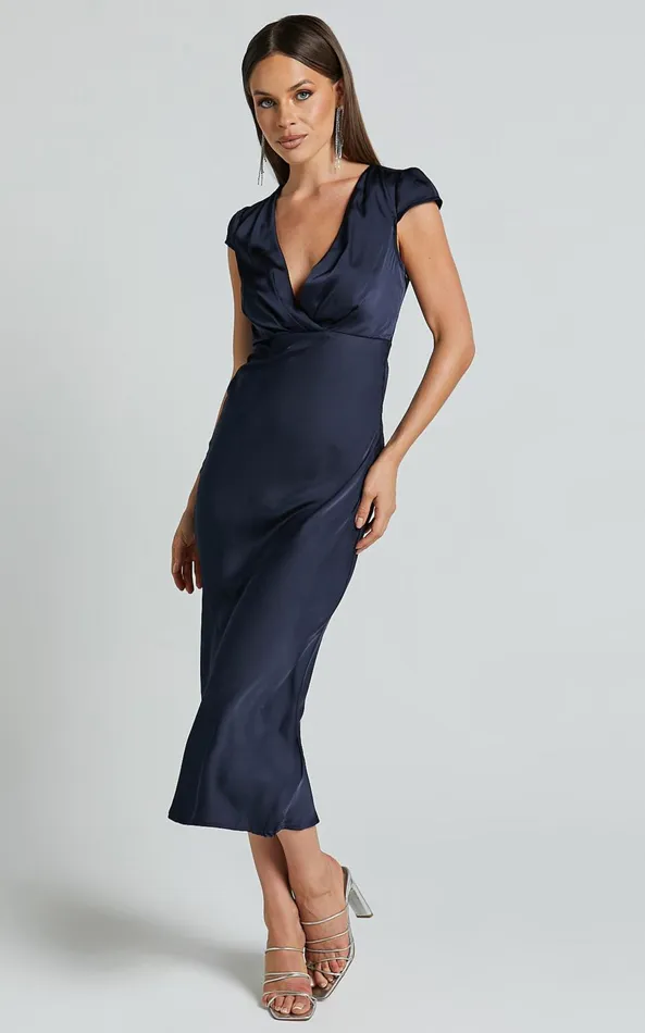 Showpo Marleen Midi Dress 8211 Wrap Front Cap Sleeve Satin Bias Cut Dress In Midnight Blue Women Dresses