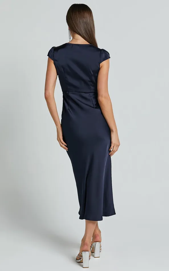 Showpo Marleen Midi Dress 8211 Wrap Front Cap Sleeve Satin Bias Cut Dress In Midnight Blue Women Dresses