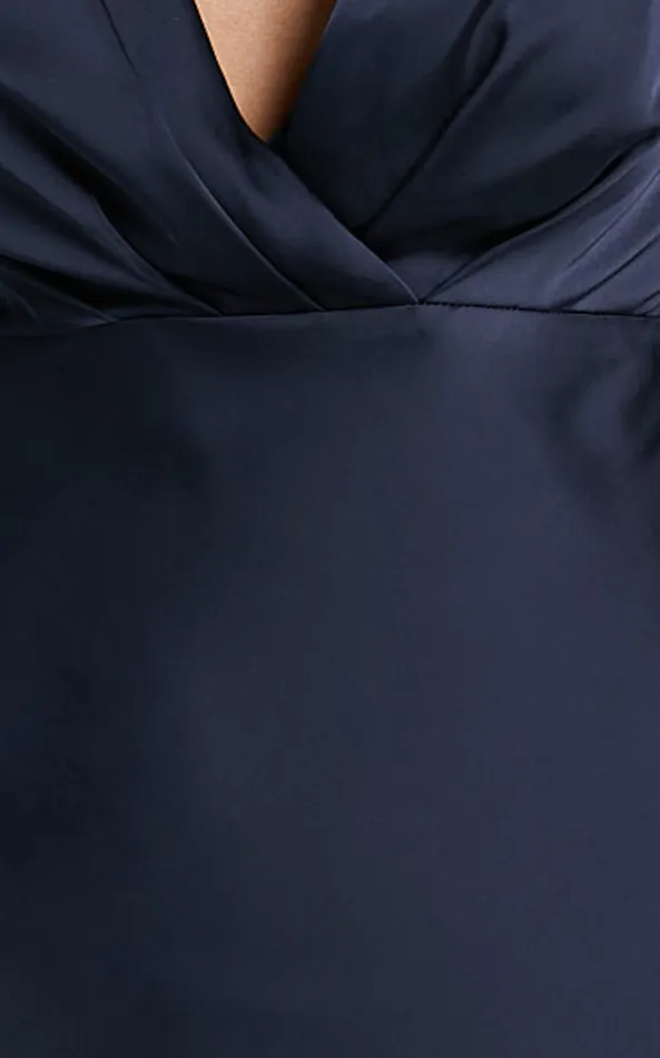 Showpo Marleen Midi Dress 8211 Wrap Front Cap Sleeve Satin Bias Cut Dress In Midnight Blue Women Dresses
