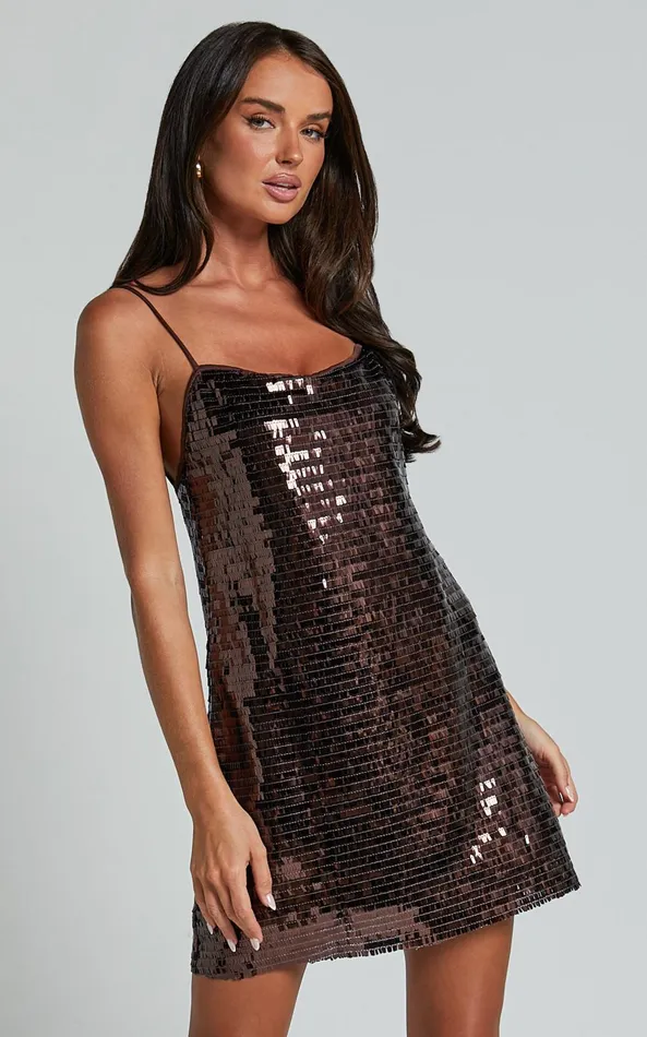 Showpo Marleen Mini Dress 8211 Strappy Low Back Sequin Dress In Chocolate Women Dresses
