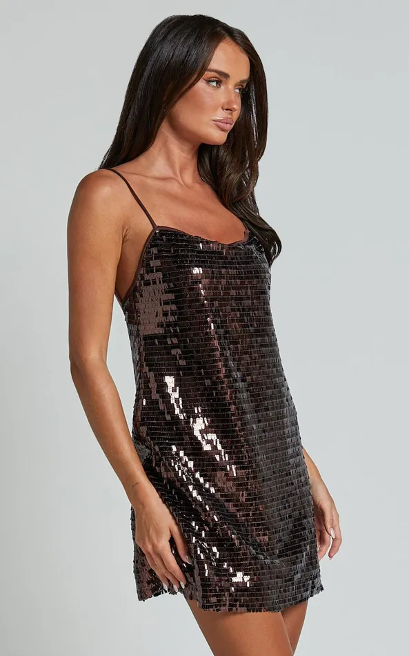 Showpo Marleen Mini Dress 8211 Strappy Low Back Sequin Dress In Chocolate Women Dresses